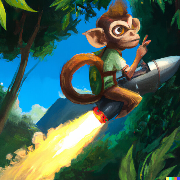 a monkey wearing a rocket pack flying over the jungle, digital art
